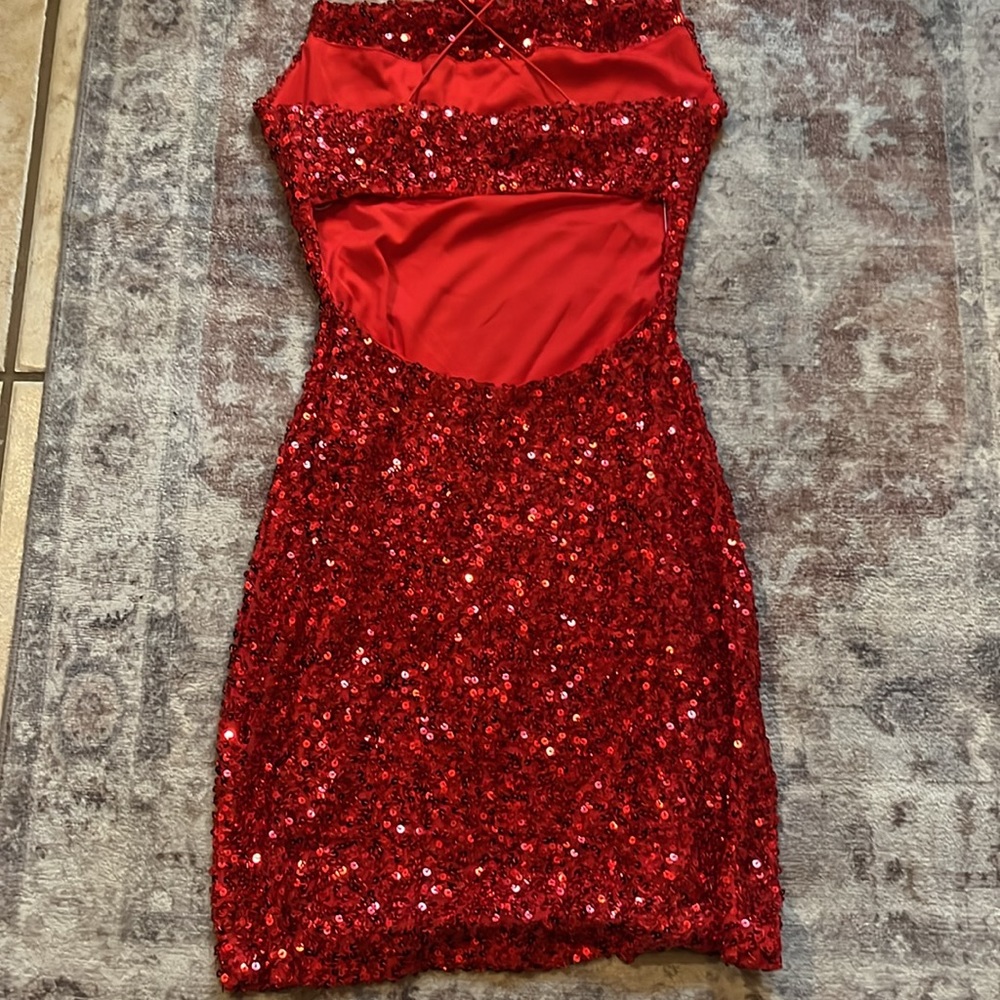Cute size small open back red sequin, mini dress-HOMECOMING DRESS - Picture 3 of 3